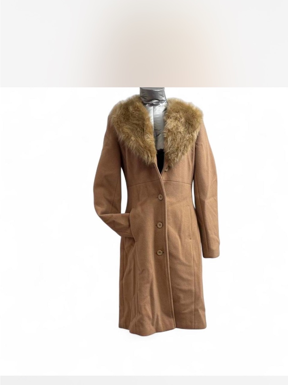 Suzy Shier Camel long Pea Coat with Faux Fur Collar